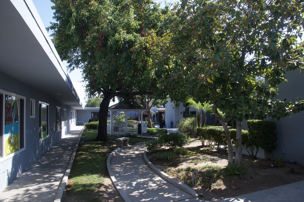 A serene garden pathway surrounded by lush trees and manicured landscaping.