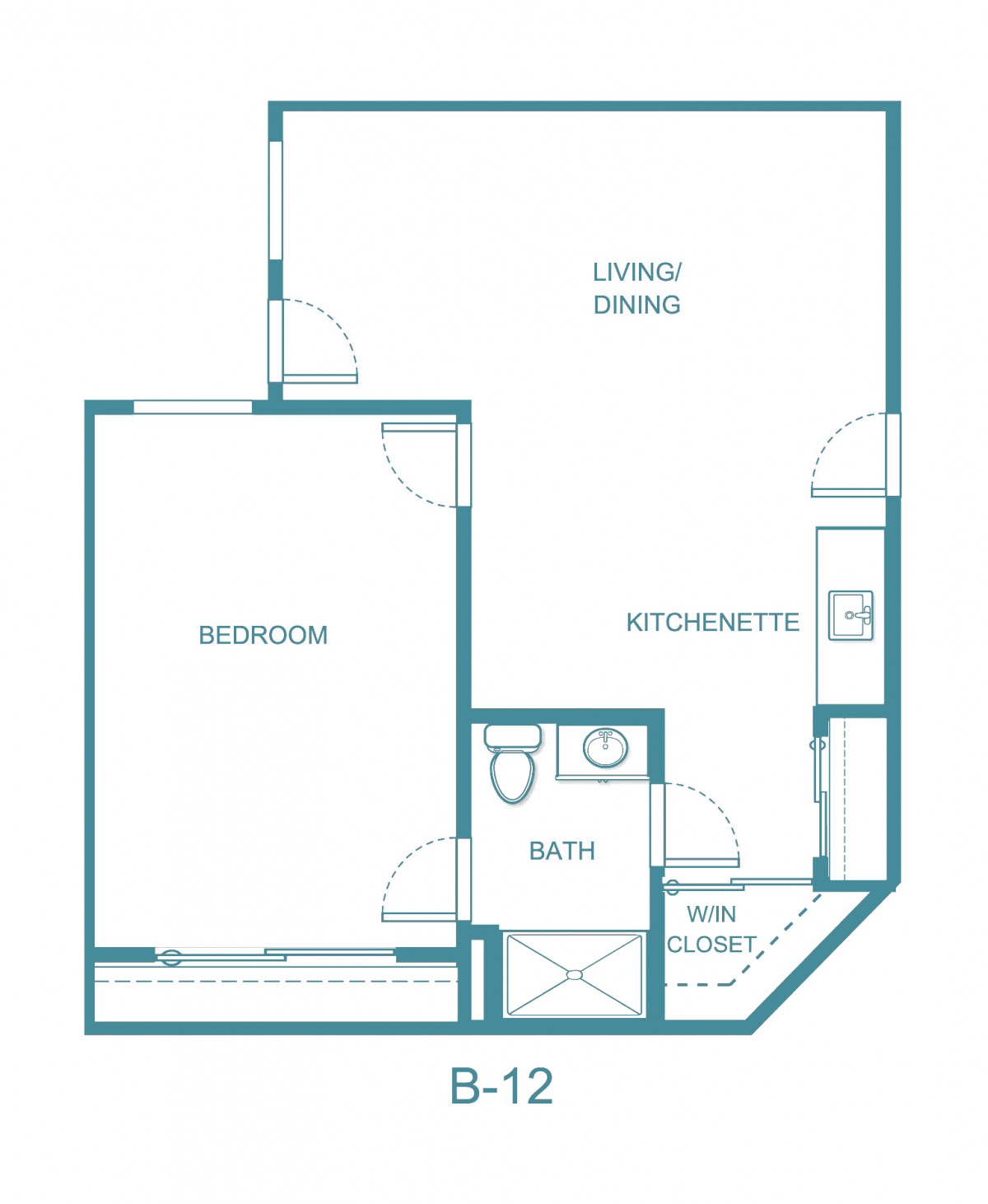 One-bedroom apartment floor plan with a living/dining area, kitchenette, and bathroom.