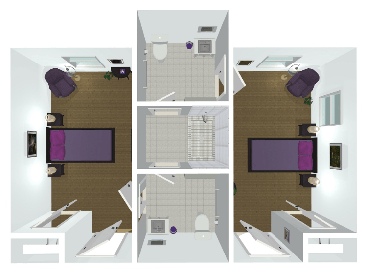 A floor plan of an apartment featuring two bedrooms with attached bathrooms and a central hallway.