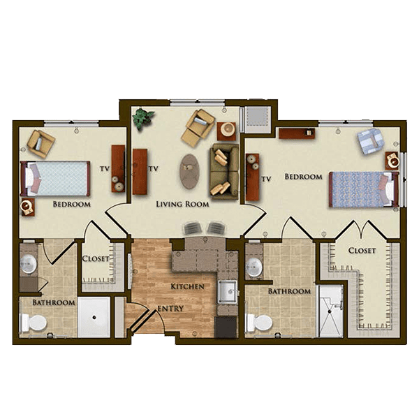 A detailed floor plan of a multi-room apartment, featuring bedrooms, bathrooms, a kitchen, and a living area.