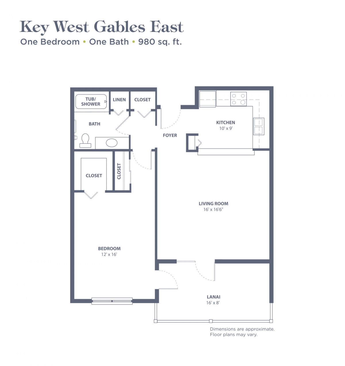 Floor plan of a one-bedroom, one-bath apartment at Key West Gables East, measuring 900 square feet.