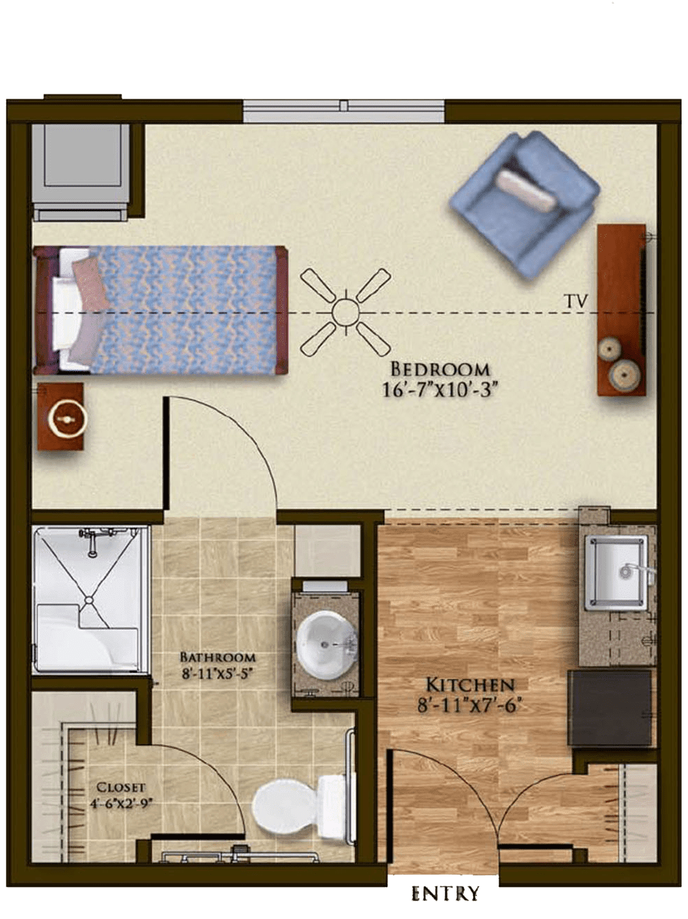 A detailed floor plan showcasing a compact apartment with a bedroom, kitchen, and living area.