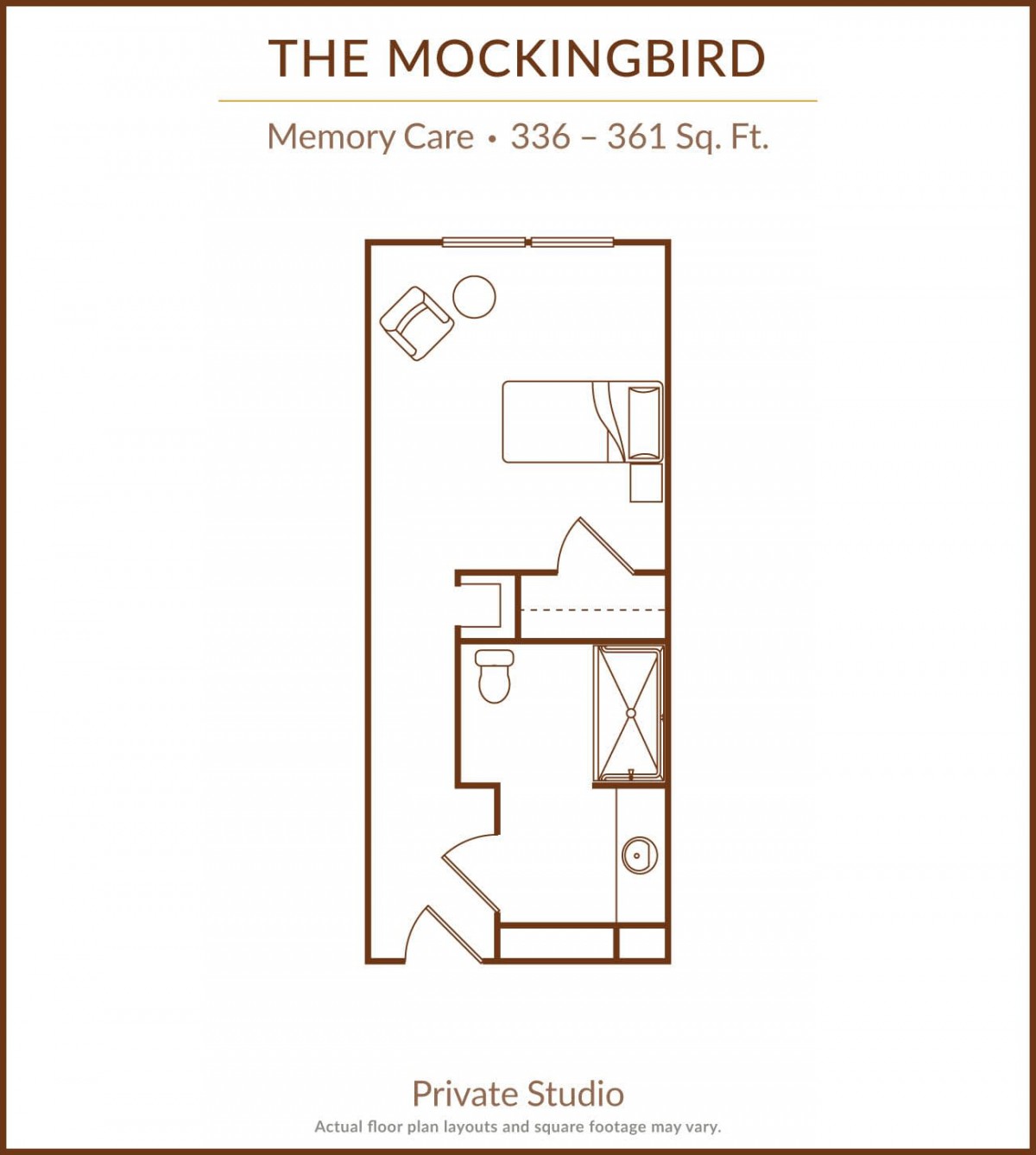 Floor plan of 'The Mockingbird' studio apartment with a minimum size of 359 sq. ft.