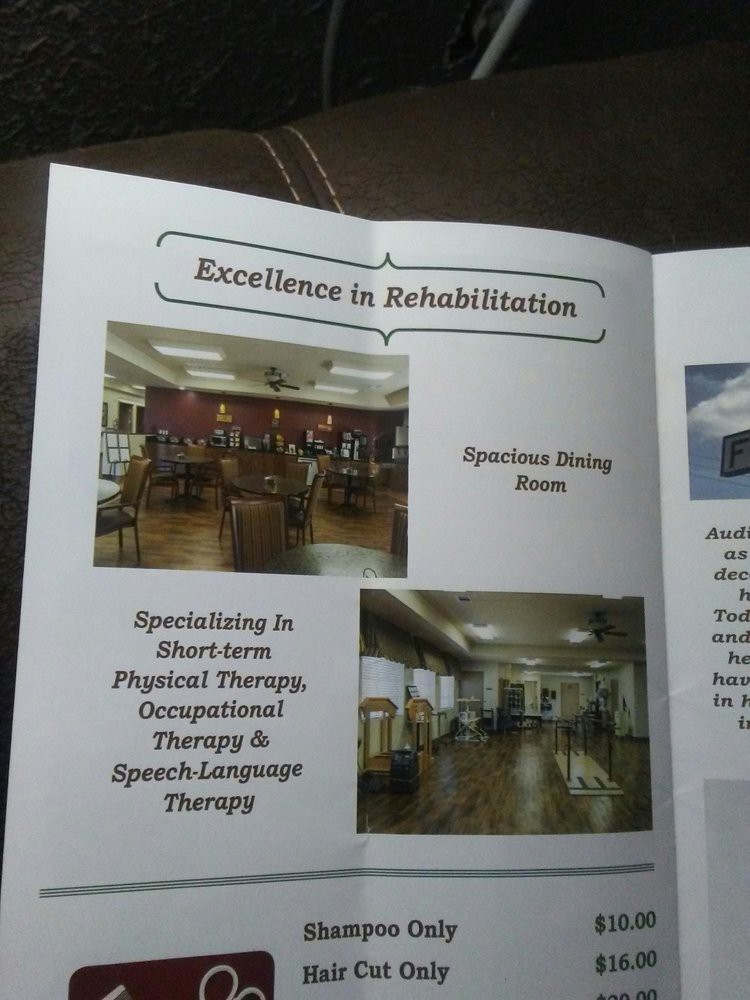 A brochure highlighting facilities and services provided for rehabilitation, including a spacious dining room and specialized therapies.