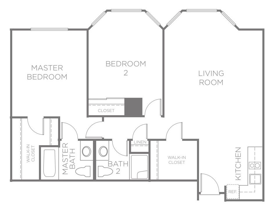 A floor plan of an apartment featuring a master bedroom, an additional bedroom, a living room, kitchen, and two bathrooms.