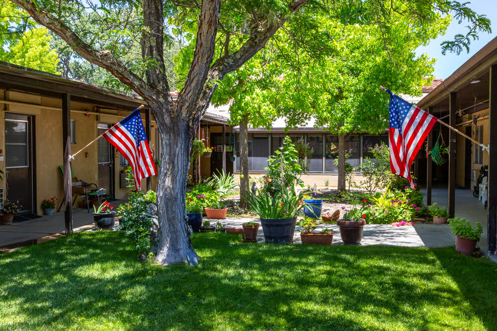 A serene garden with a house in the background, adorned with American flags.