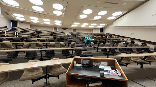 An empty lecture hall ready for a class.