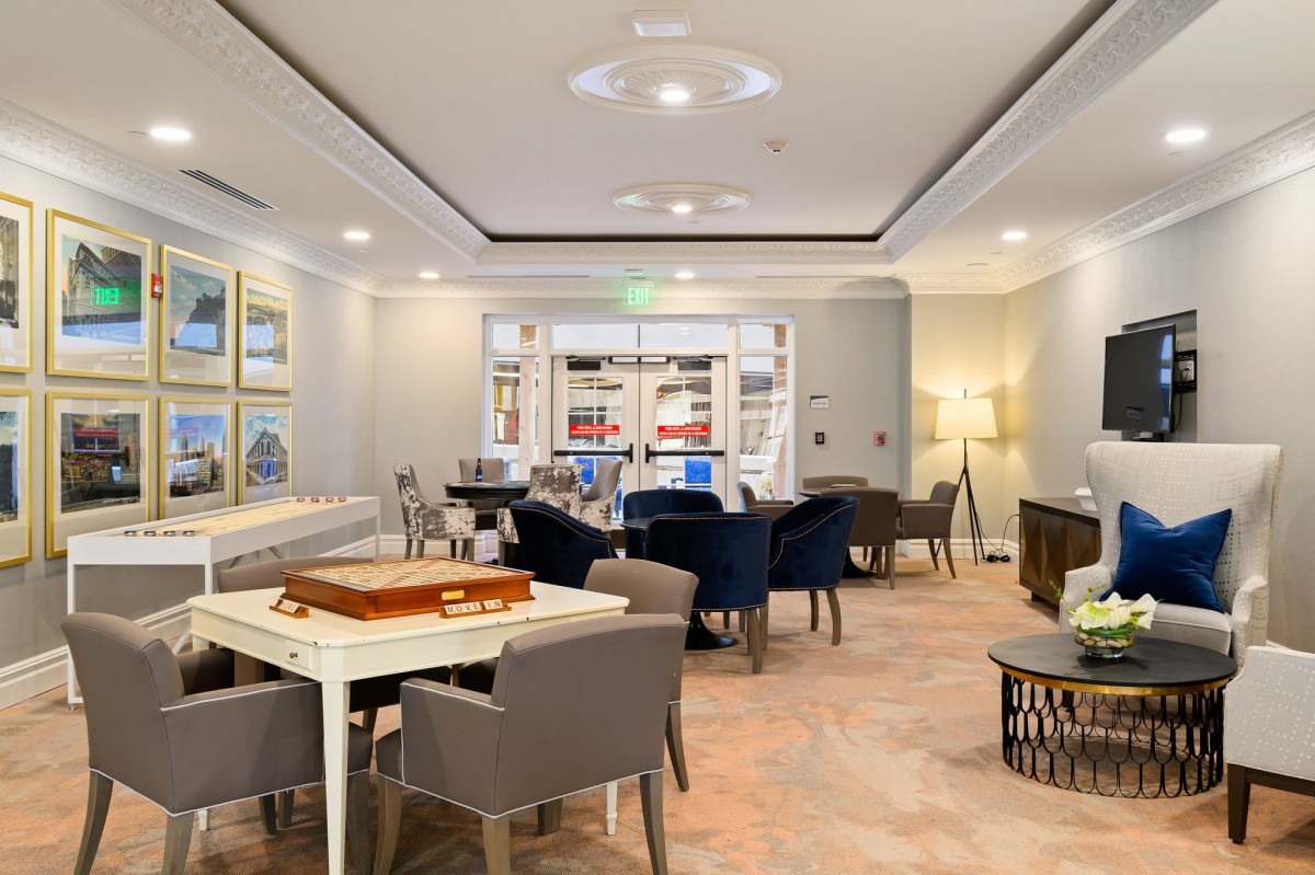 A modern lounge area with comfortable seating and tasteful decor.