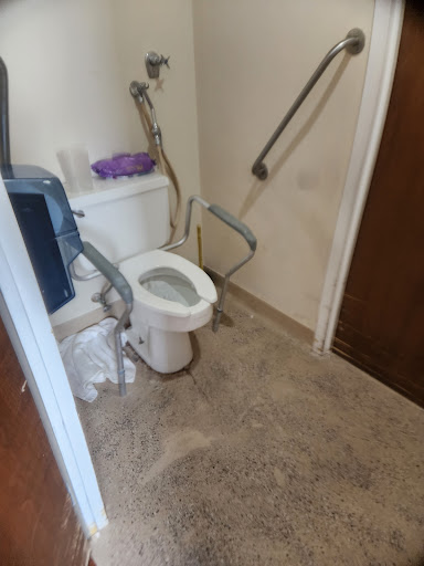 A small bathroom featuring an accessible toilet and grab bars.