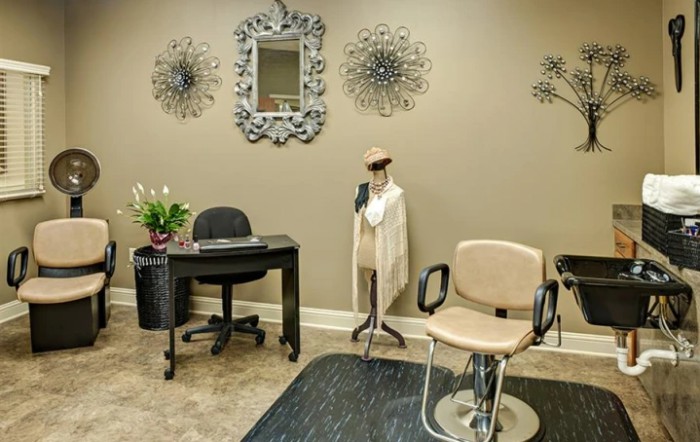 A stylish salon interior with elegant decor, including a hairstyling chair and decorative wall elements.