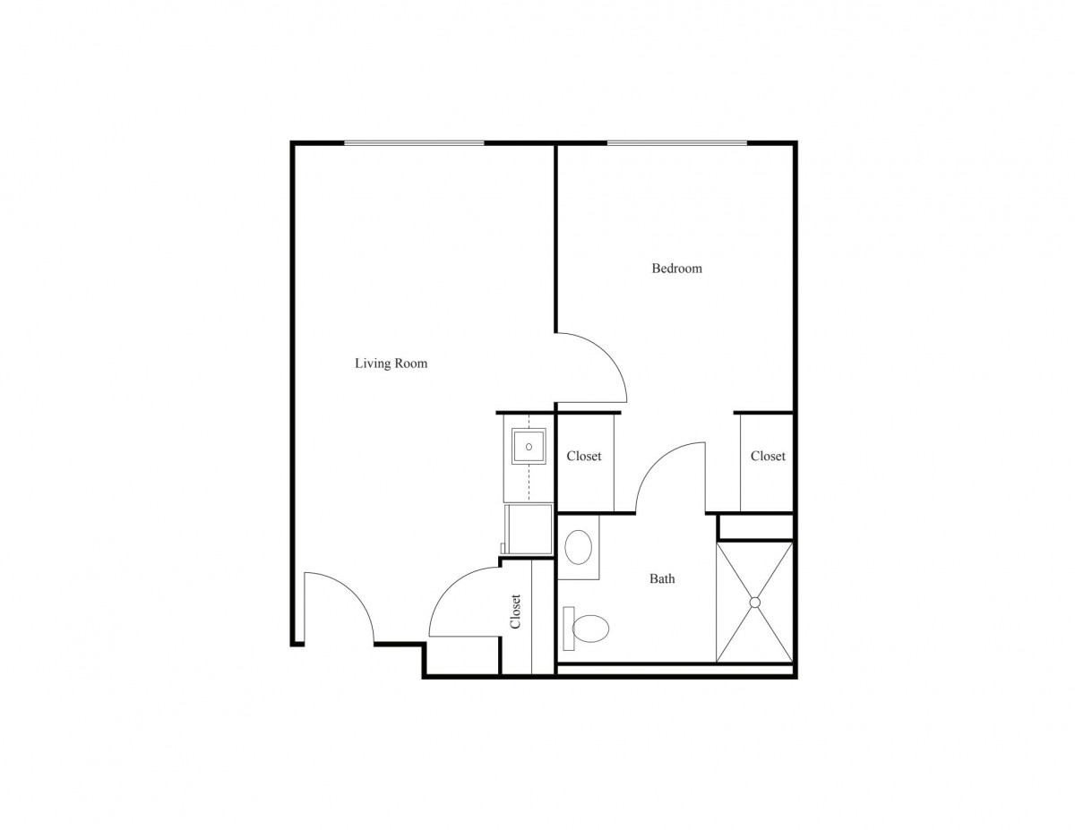 A simple floor plan showing a one-bedroom apartment layout with a living area, kitchen, and bathroom.