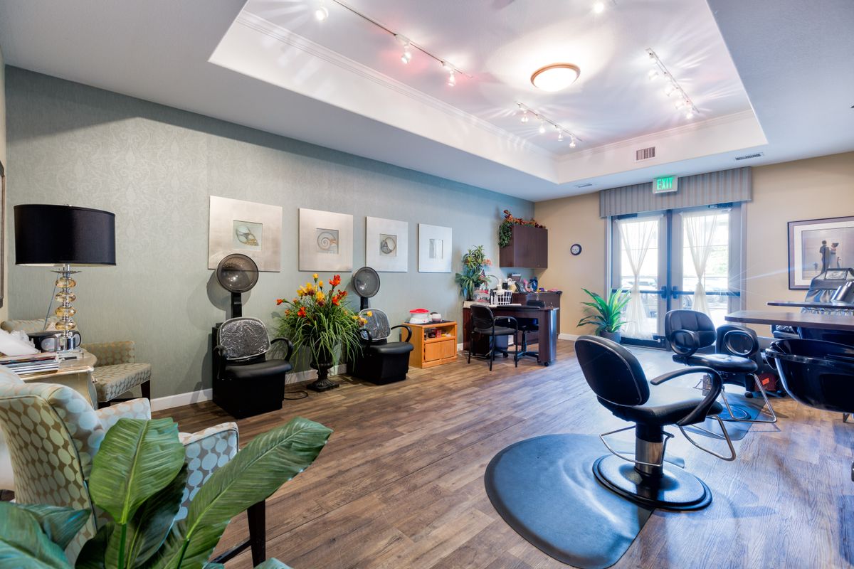 A modern hair salon interior with stylish chairs, hair dryers, and decorative plants.