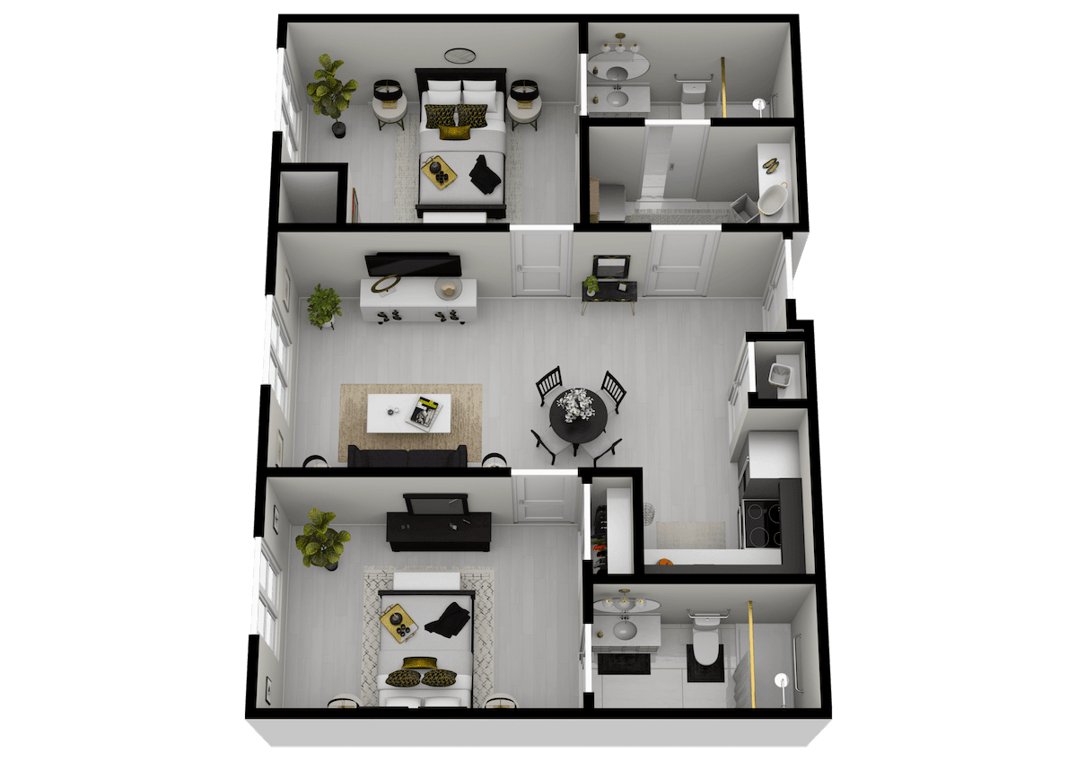 A 3D floor plan showcasing a modern apartment with various rooms and furniture arrangements.