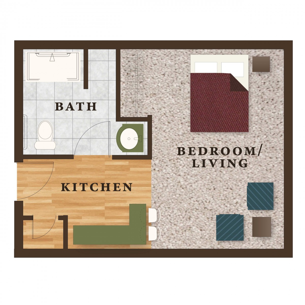 A floor plan of a studio apartment featuring a combined bedroom and living area, kitchen, and bathroom.