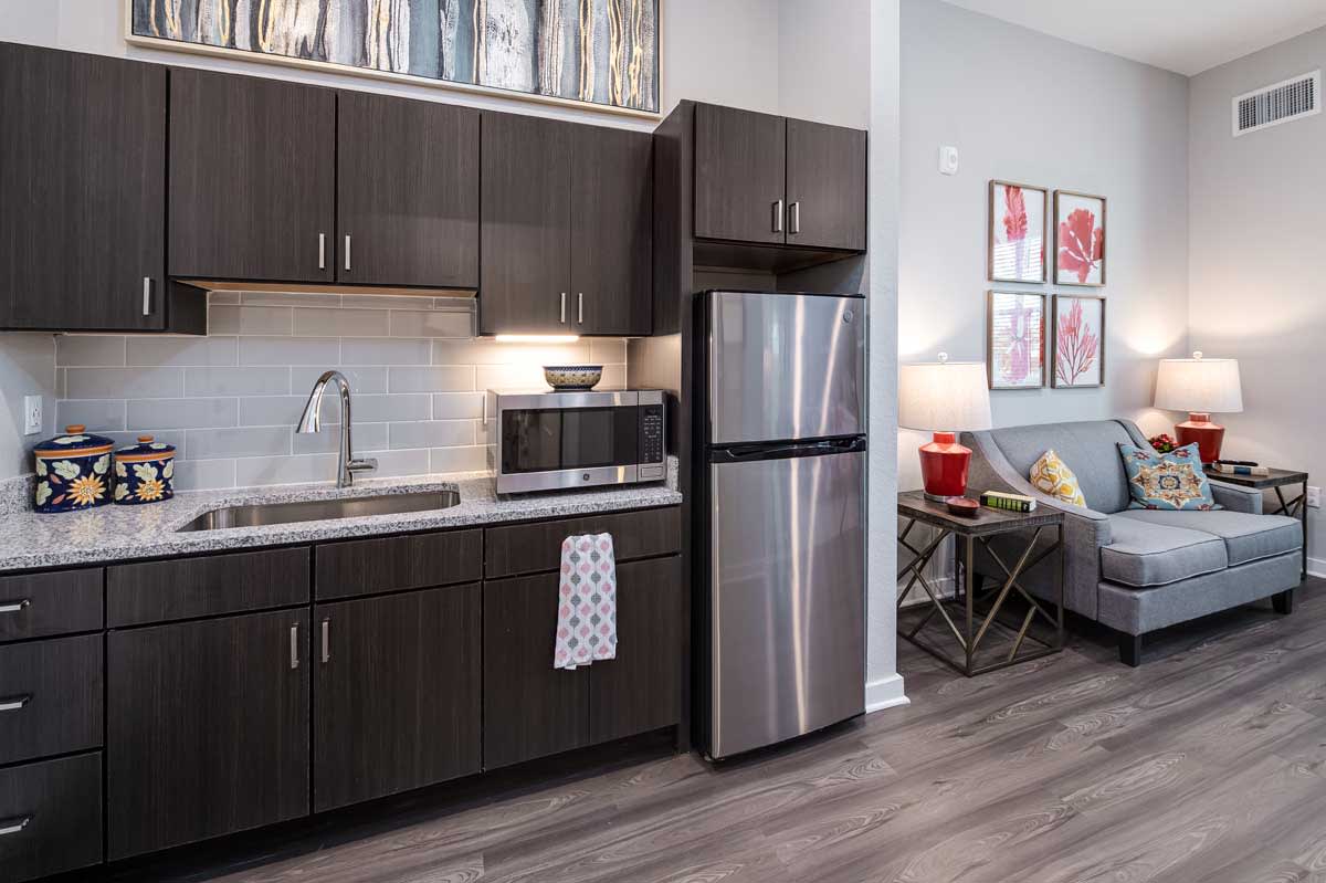 A modern kitchen in an apartment featuring dark cabinets, stainless steel appliances, and a cozy living area.