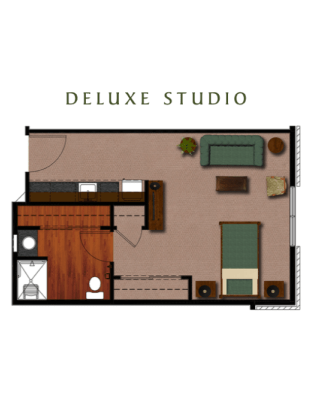 Deluxe Studio Floor Plan with Bedroom, Living Area, and Bathroom.