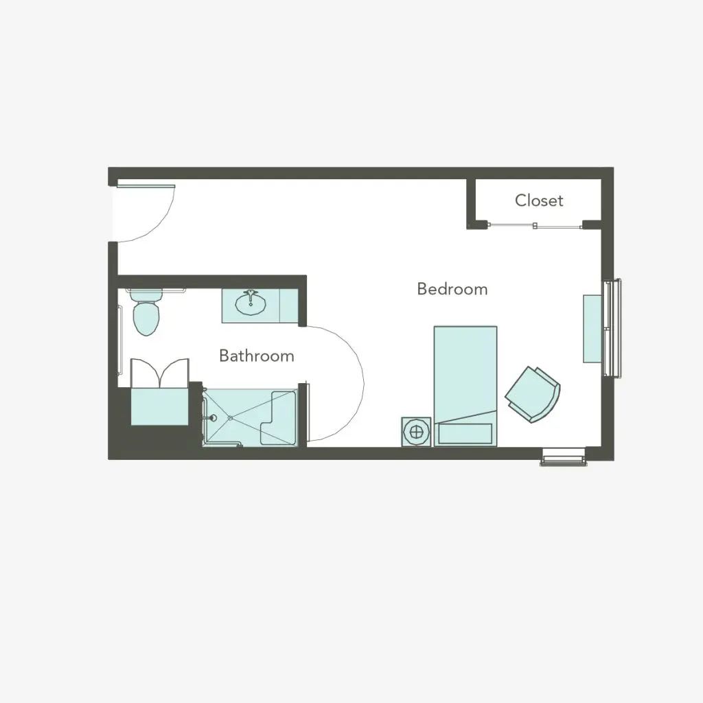 A simple floor plan of a small apartment with a bedroom, bathroom, and closet.