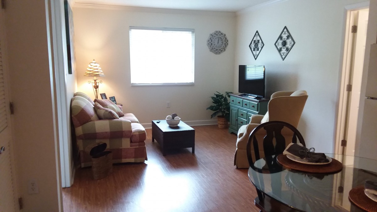 A cozy living room with a sofa, television, and decorative elements.