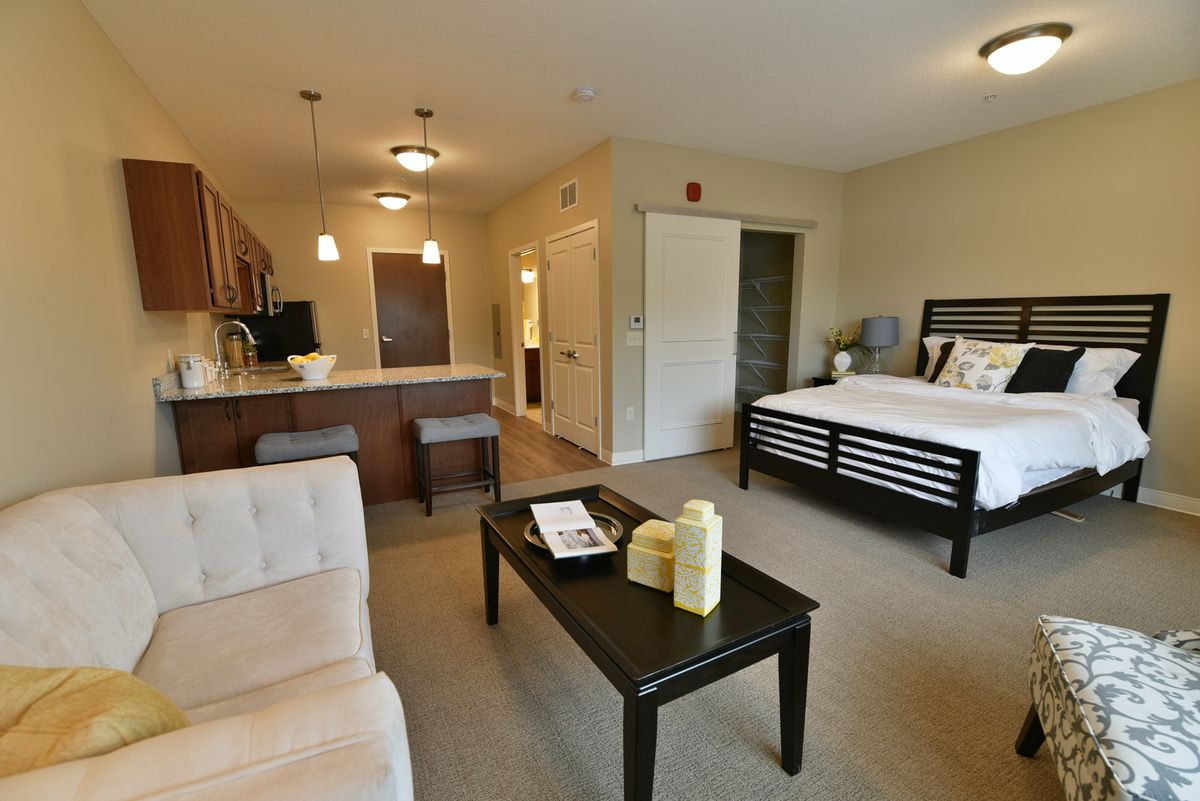 Modern studio apartment with an open living space and kitchen.
