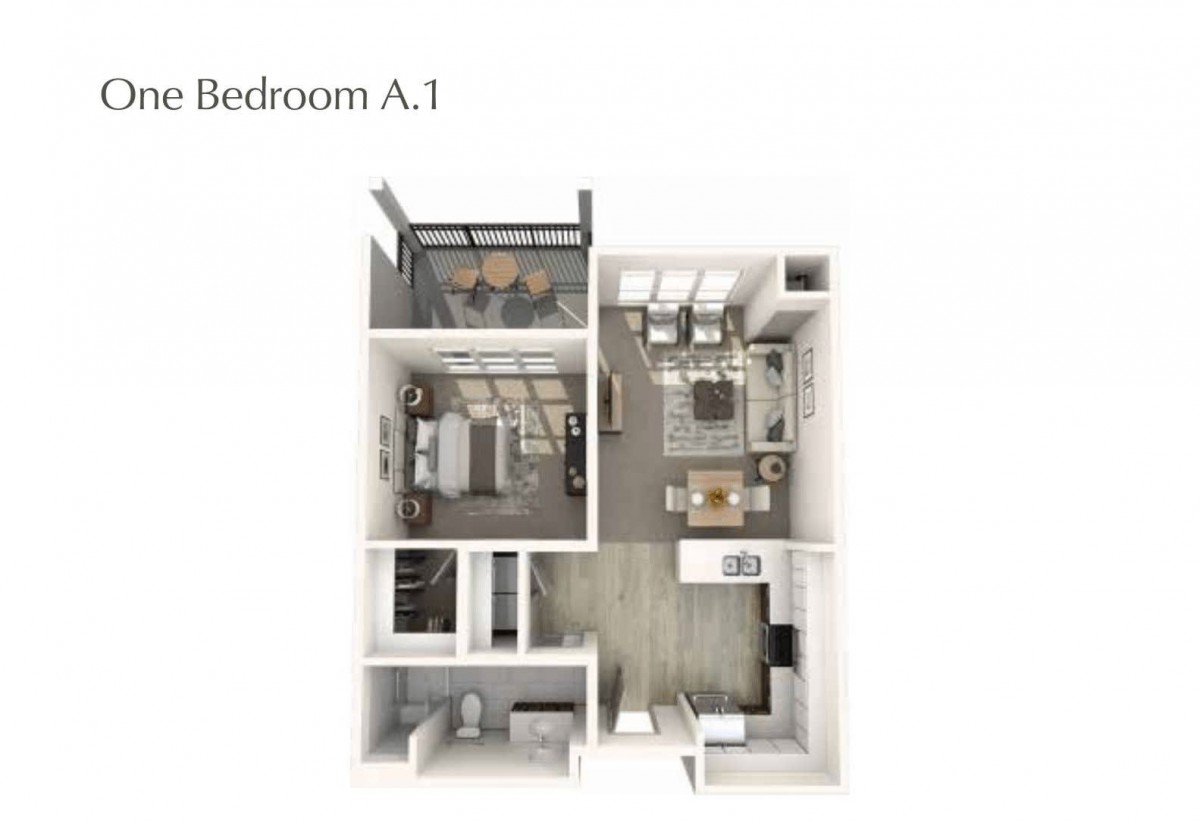 A 3D floor plan of a one-bedroom apartment, labeled as Bedroom A.1, showing the layout including a kitchen, living area, and bathroom.