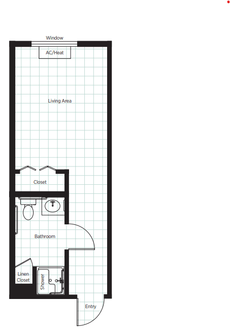 A floor plan showing the layout of an apartment with a bedroom, bathroom, closet, and living/dining area.