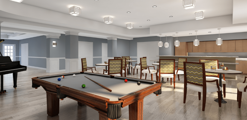 A modern game room featuring a pool table and seating area.