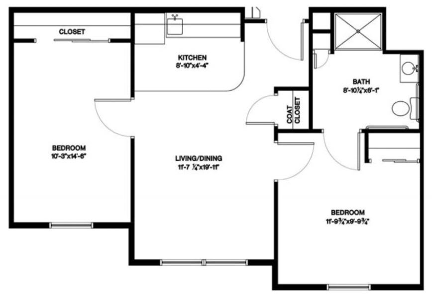 This image shows a floor plan of an apartment with labeled rooms including living/dining area, kitchen, and bedrooms.