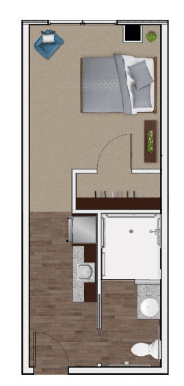 A simple apartment floor plan with a bedroom and bathroom.