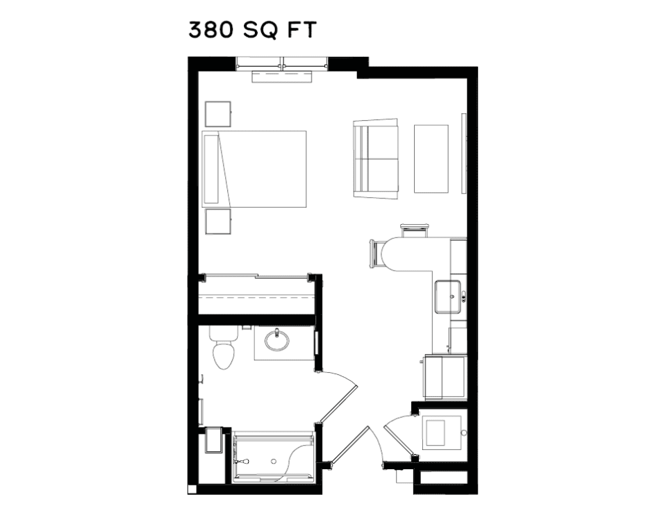 A floor plan of a 380 square foot studio apartment, showing the arrangement of the bedroom, living area, kitchen, and bathroom.
