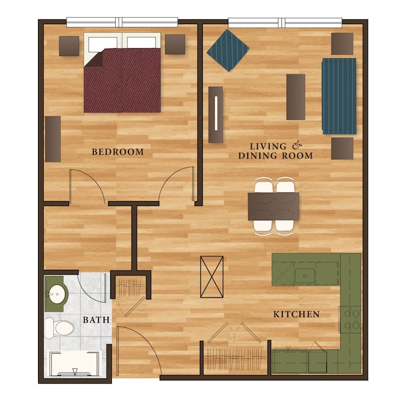 A floor plan of an apartment featuring a bedroom, living and dining area, kitchen, and bathroom.