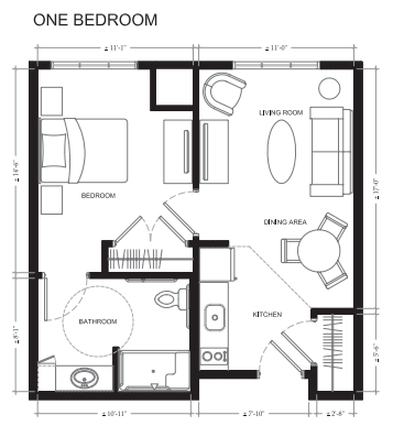 A detailed floor plan of a one-bedroom apartment, featuring labeled areas for the living room, kitchen, bathroom, and bedroom.