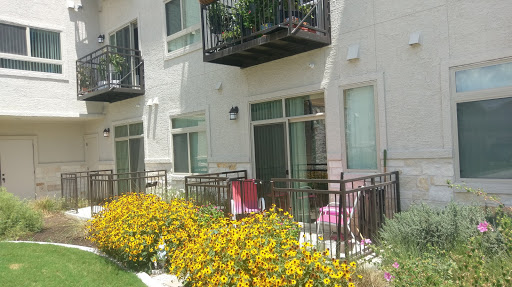 A view of an apartment building featuring balconies and vibrant yellow flowers in the foreground.