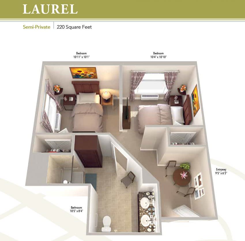 3D floor plan of a one-bedroom apartment named 'Laurel' with 520 square feet of living space, including a bedroom, bathroom, kitchen, and living area.