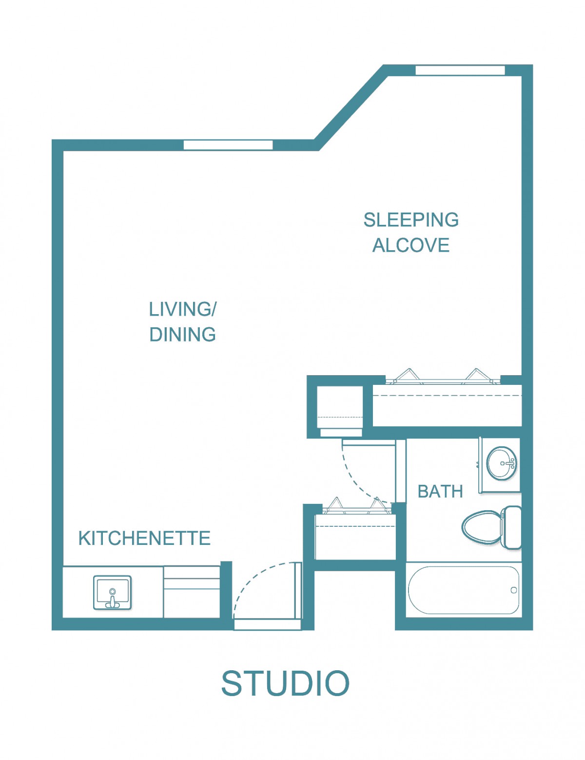 Studio apartment floor plan with a living/dining area, kitchenette, sleeping alcove, and bathroom.
