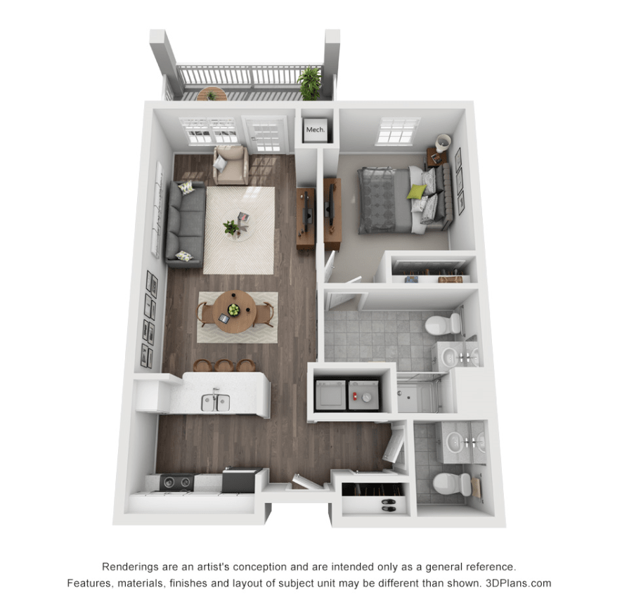 A detailed floor plan of a one-bedroom apartment featuring a kitchen, living room, and bathroom.
