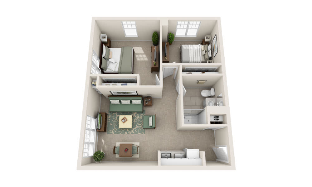 A 3D floor plan of a small apartment showcasing the arrangement of rooms, including a bedroom, bathroom, kitchen, and living area.