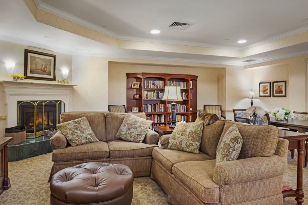 A cozy living room with a brown sectional sofa and a bookshelf in the background.