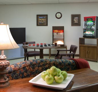 A cozy living room with a plate of green apples on the table and a popcorn machine in the background.