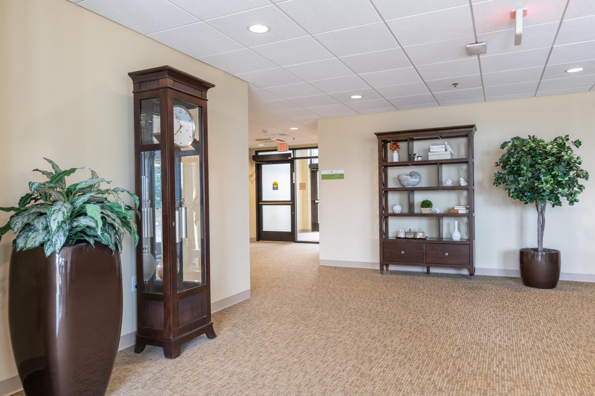 A well-lit hallway with wooden cabinets and decorative elements.