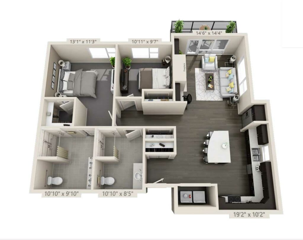 3D floor plan of a modern apartment with a living room, kitchen, bedroom, and bathroom.