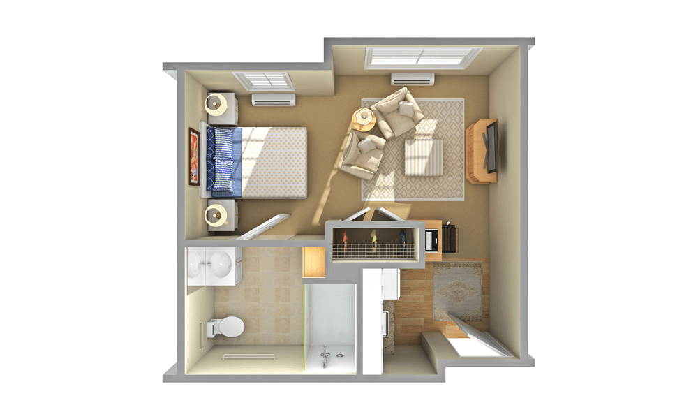 A 3D floor plan rendering of a one-bedroom apartment featuring a living area, kitchen, bathroom, and bedroom.