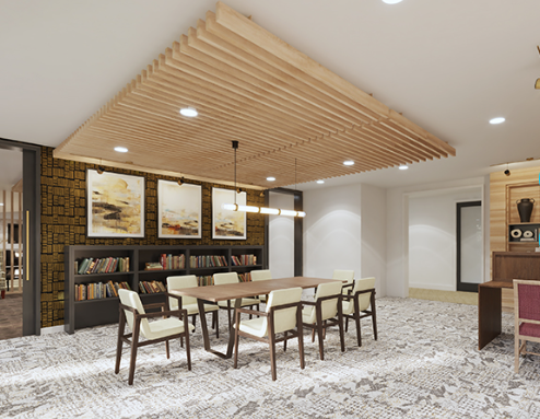 A contemporary meeting room featuring a wooden ceiling, elegant furniture, and artistic wall decor.