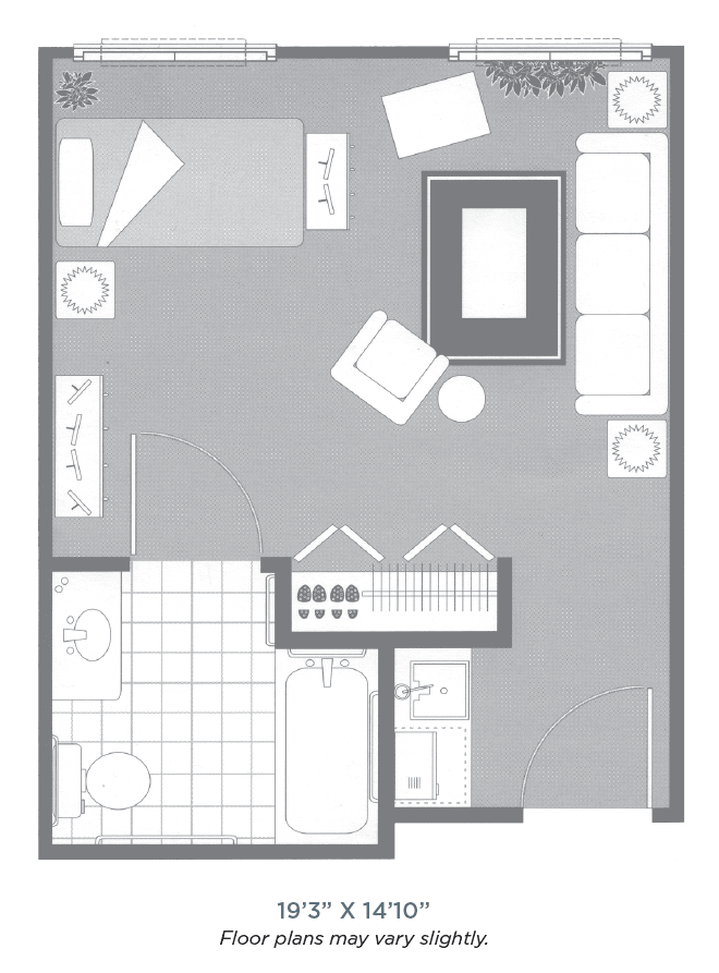 A detailed floor plan of a studio apartment layout, showcasing furniture arrangement and room design.