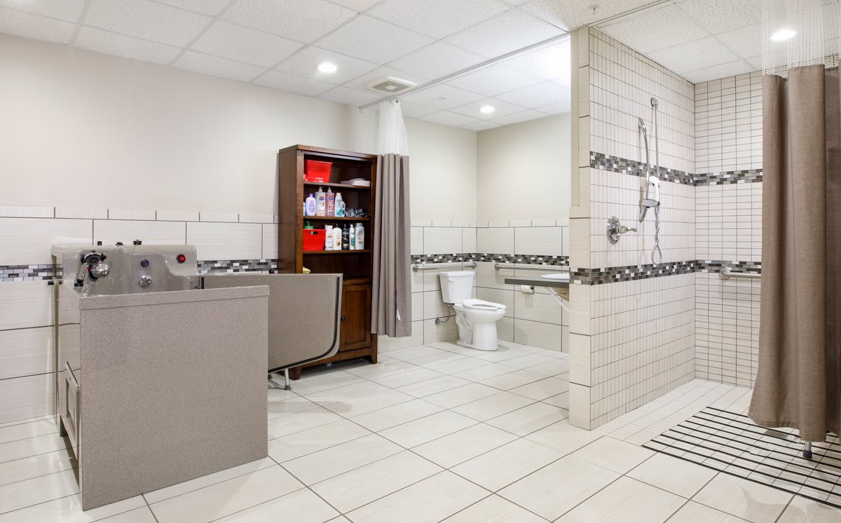 A spacious, accessible bathroom with modern amenities and wheelchair-friendly features.