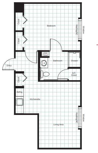 A detailed floor plan showing the layout of an apartment with a kitchen, bathroom, and living area.