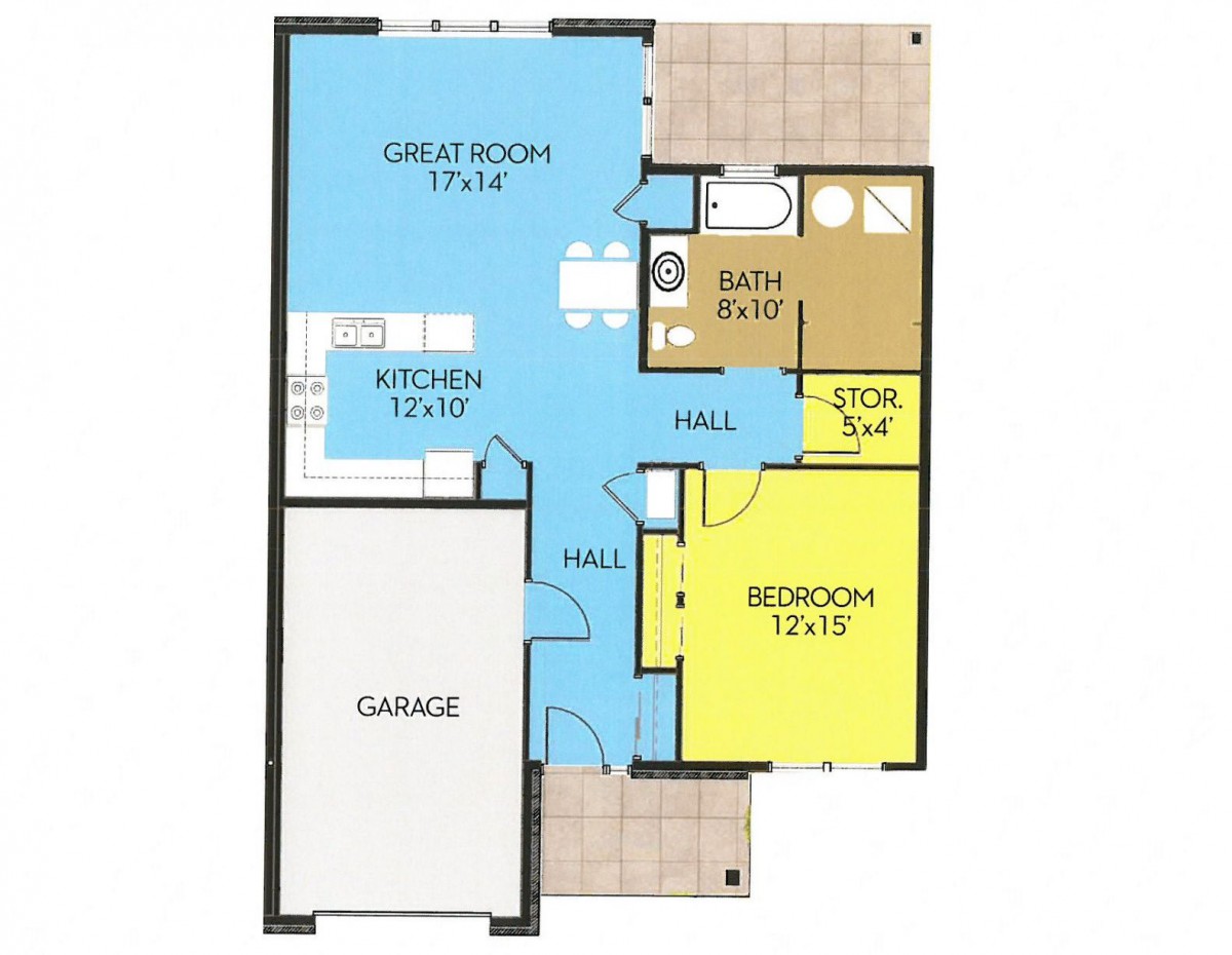 A floor plan showing the layout of a single-story house with a garage, great room, kitchen, bathroom, and bedroom.