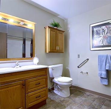 A well-lit bathroom with a wooden cabinet, mirror, toilet, and decorative artwork on the wall.