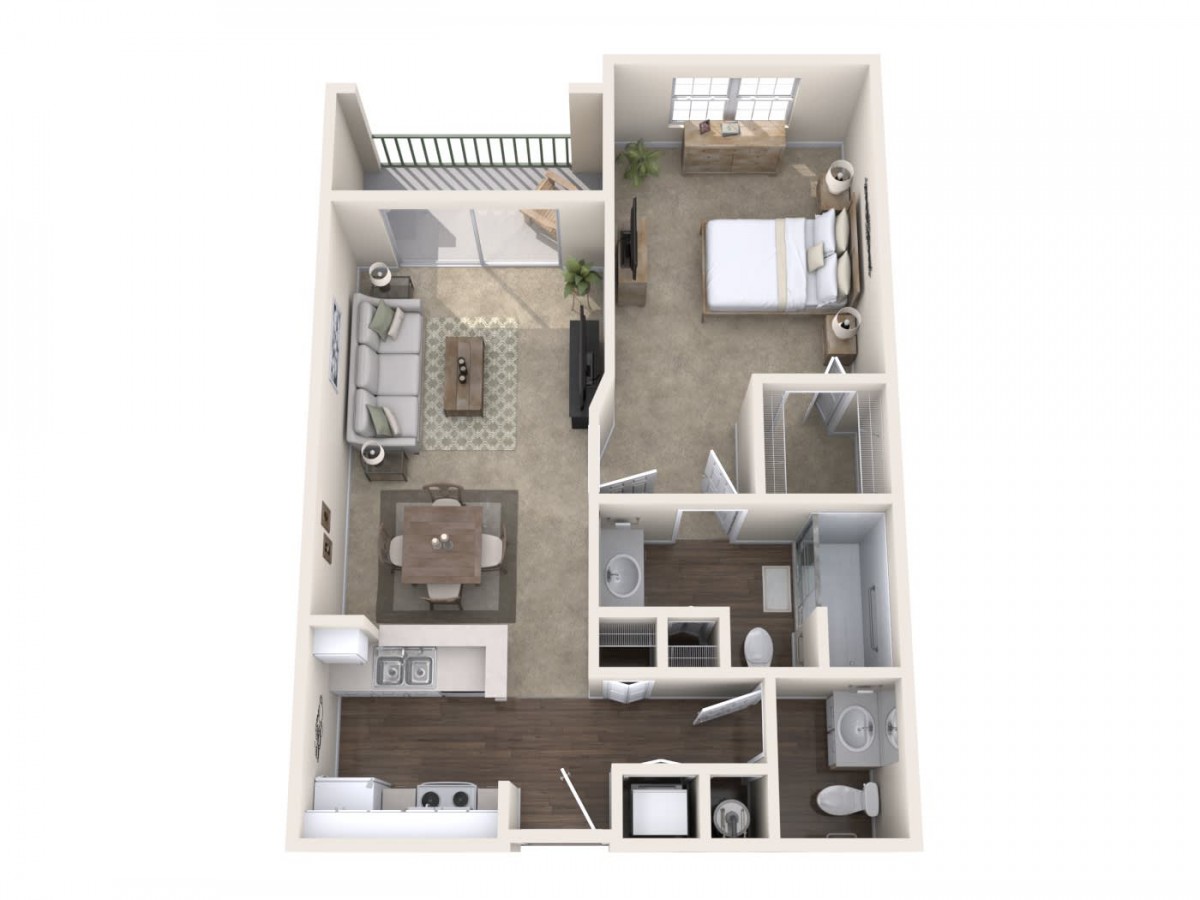 A 3D floor plan of a one-bedroom apartment showing the layout of the kitchen, living room, and bathroom.