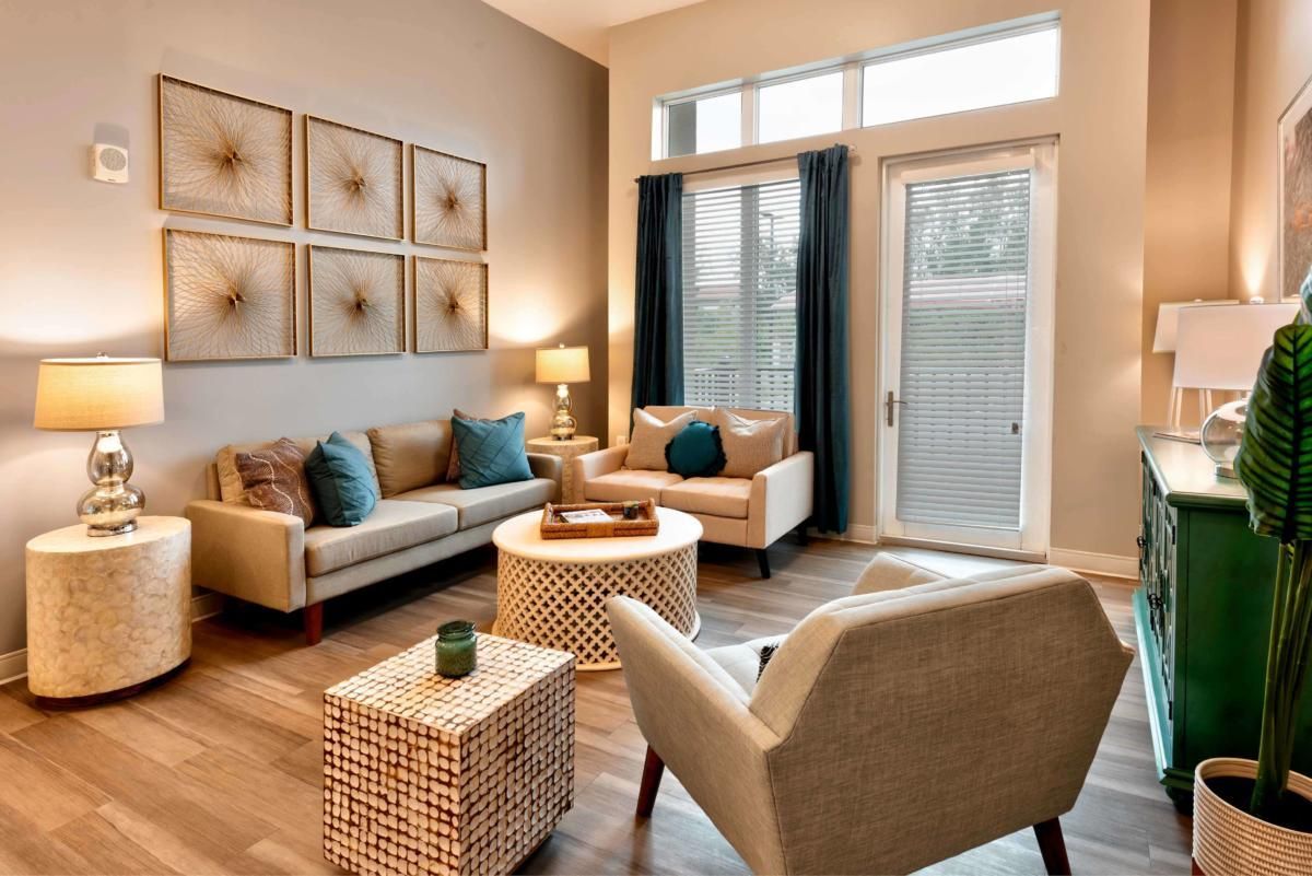 A modern living room with stylish furnishings and decor.