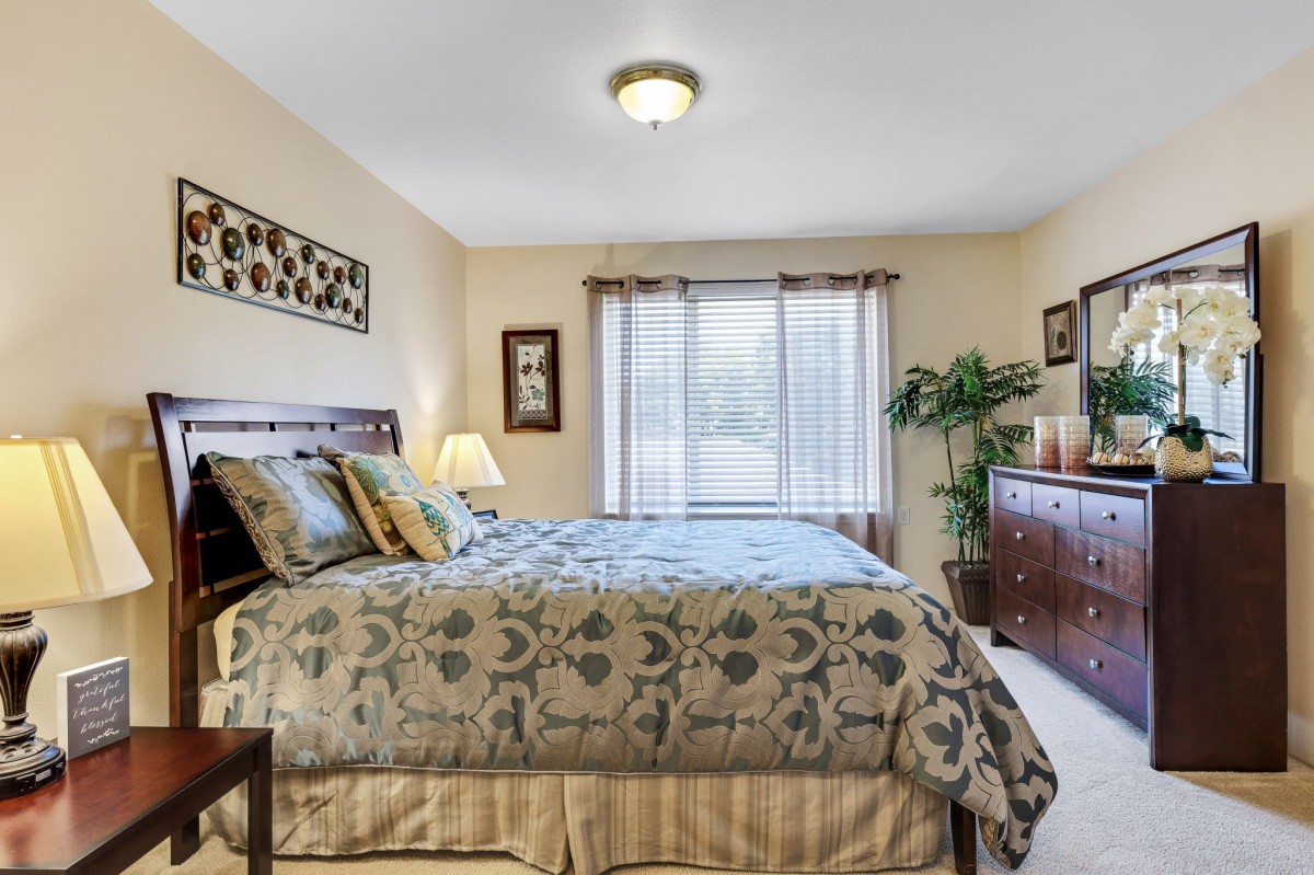 A cozy bedroom with a patterned bedspread, decorative pillows, and natural light streaming through the window.